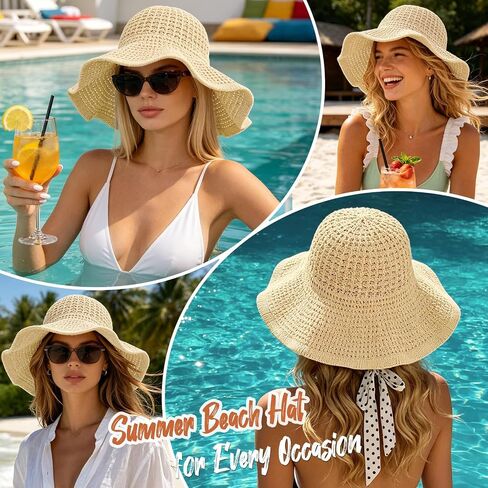 Sun Hats for Women Summer Straw Beach Hat UV Protection Floppy Wide Brim Travel Bucket Hat Foldable Packable in Saudi Arabia