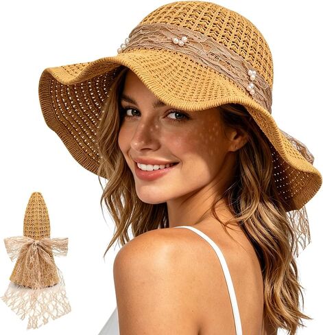 Sun Hats for Women Summer Straw Beach Hat UV Protection Floppy Wide Brim Travel Bucket Hat Foldable Packable in Saudi Arabia