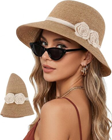 Ababalaya Women's Elegant Straw Sun Hat with Handmade Crochet Flowers, Panama Hat Fedora Summer Beach Sun Hats UPF Straw Hat in Kuwait