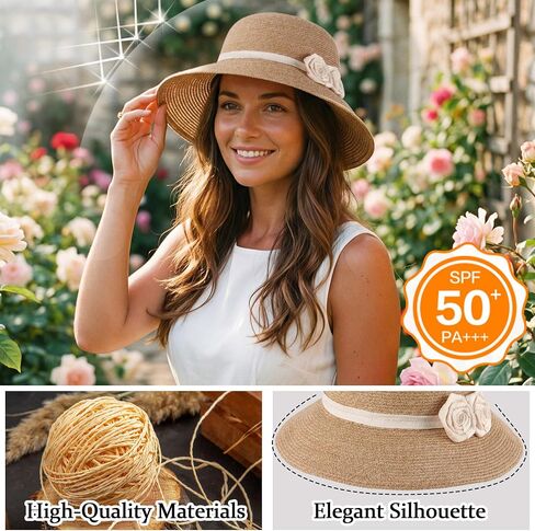 Ababalaya Women's Elegant Straw Sun Hat with Handmade Crochet Flowers, Panama Hat Fedora Summer Beach Sun Hats UPF Straw Hat in Kuwait