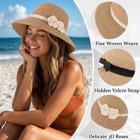 Ababalaya Women's Elegant Straw Sun Hat with Handmade Crochet Flowers, Panama Hat Fedora Summer Beach Sun Hats UPF Straw Hat in Kuwait