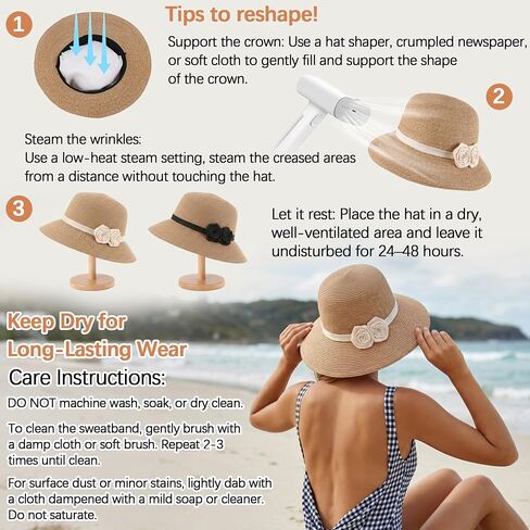 Ababalaya Women's Elegant Straw Sun Hat with Handmade Crochet Flowers, Panama Hat Fedora Summer Beach Sun Hats UPF Straw Hat in Kuwait