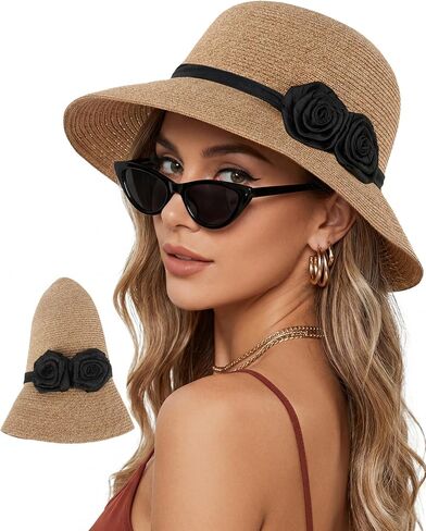 Ababalaya Women's Elegant Straw Sun Hat with Handmade Crochet Flowers, Panama Hat Fedora Summer Beach Sun Hats UPF Straw Hat in Kuwait