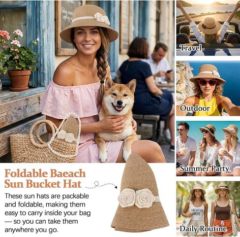 Ababalaya Women's Elegant Straw Sun Hat with Handmade Crochet Flowers, Panama Hat Fedora Summer Beach Sun Hats UPF Straw Hat in Kuwait