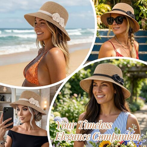 Ababalaya Women's Elegant Straw Sun Hat with Handmade Crochet Flowers, Panama Hat Fedora Summer Beach Sun Hats UPF Straw Hat in Kuwait