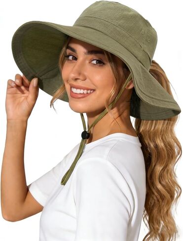 Womens Wide Brim Sun Hat Cotton Linen UPF 50+ Outdoor Travel Beach Hats Ponytail Packable Adjustable Bucket Hat in Saudi Arabia
