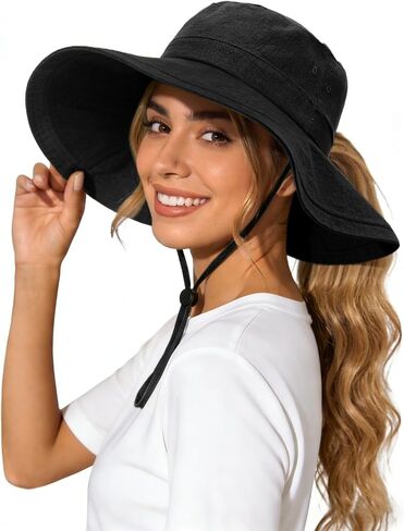 Womens Wide Brim Sun Hat Cotton Linen UPF 50+ Outdoor Travel Beach Hats Ponytail Packable Adjustable Bucket Hat in Saudi Arabia