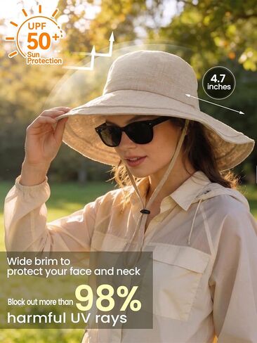 Womens Wide Brim Sun Hat Cotton Linen UPF 50+ Outdoor Travel Beach Hats Ponytail Packable Adjustable Bucket Hat in Saudi Arabia