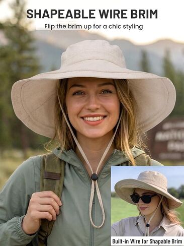 Womens Wide Brim Sun Hat Cotton Linen UPF 50+ Outdoor Travel Beach Hats Ponytail Packable Adjustable Bucket Hat in Saudi Arabia