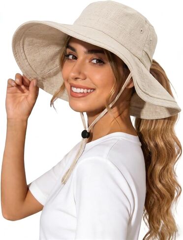 Womens Wide Brim Sun Hat Cotton Linen UPF 50+ Outdoor Travel Beach Hats Ponytail Packable Adjustable Bucket Hat in Saudi Arabia
