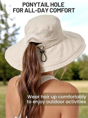 Womens Wide Brim Sun Hat Cotton Linen UPF 50+ Outdoor Travel Beach Hats Ponytail Packable Adjustable Bucket Hat in Saudi Arabia