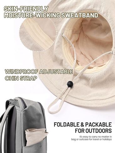 Womens Wide Brim Sun Hat Cotton Linen UPF 50+ Outdoor Travel Beach Hats Ponytail Packable Adjustable Bucket Hat in Saudi Arabia