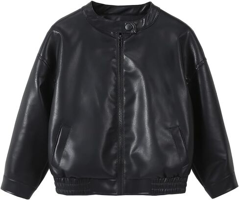 Boys Girls Leather Jacket Children's Collar Motorcycle PU Leather Coat Stylish Drop Shoulder Zip Up Black in Saudi Arabia