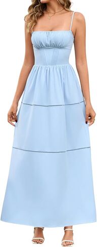 EYNMIN Floral Maxi Corset Dress Spaghetti Strap Flowy A Line Smocked Summer Wedding Guest Dresses for Women Long Sundress in Kuwait