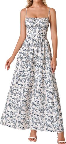EYNMIN Floral Maxi Corset Dress Spaghetti Strap Flowy A Line Smocked Summer Wedding Guest Dresses for Women Long Sundress in Kuwait