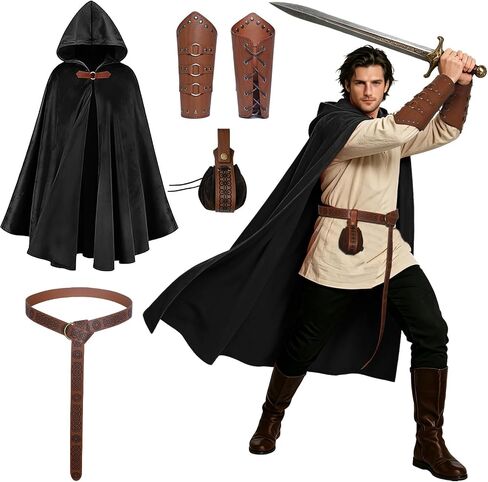 Unisex Renaissance Hooded Cloak with Medieval Costume Accessories-Belt-Pouch-Bracers,Ren Faire Halloween Outfit in Kuwait