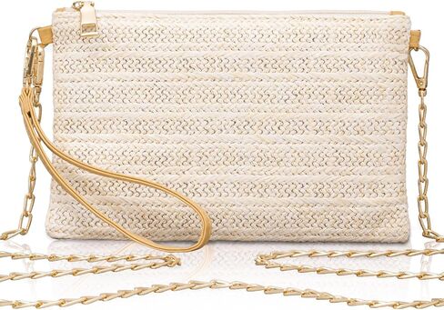 Larcenciel Straw Clutch Purses for Women w/Wrist Strap, Beach Purse Evening Handbag & Chain Zipper for Wedding Prom Vacation in Kuwait