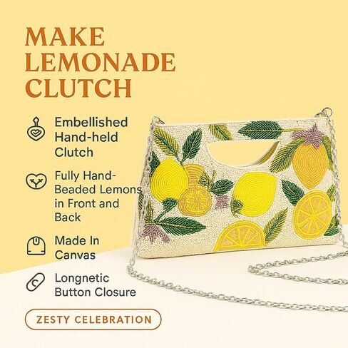 America & Beyond Make Lemonade Clutch – 11" X 6.5" X 2.5"- Lemon Yellow Hand-Beaded Evening Bag in Saudi Arabia