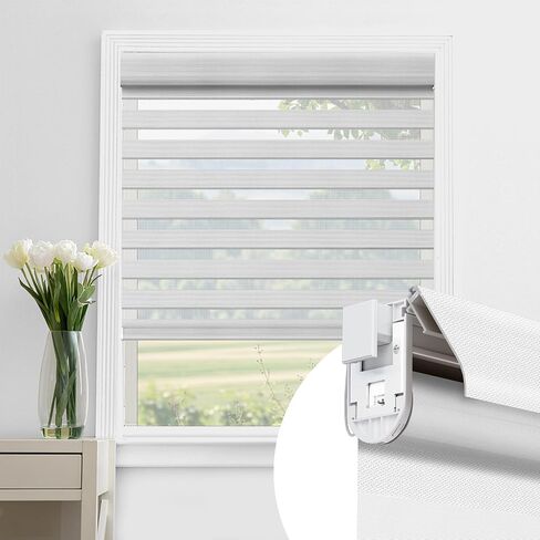 Allesin zen No Drill No Tools Cordless Zebra Blinds, Renter Friendly, Dual Layer Shades for Indoor Windows, Easy to Install Thermal Insulated Privacy Blinds, White, 34" W x 72" H in Saudi Arabia
