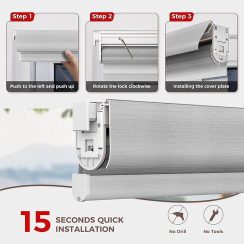 Allesin zen No Drill No Tools Cordless Zebra Blinds, Renter Friendly, Dual Layer Shades for Indoor Windows, Easy to Install Thermal Insulated Privacy Blinds, White, 34" W x 72" H in Saudi Arabia