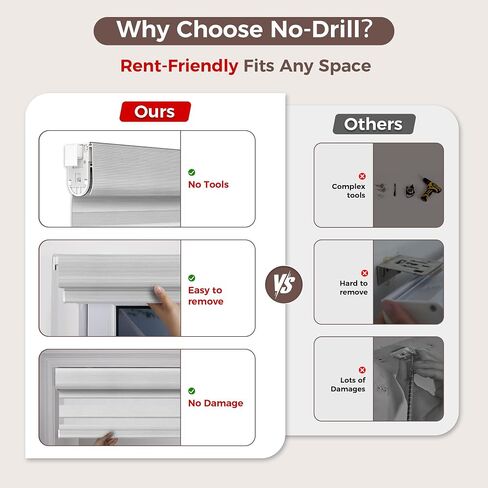 Allesin zen No Drill No Tools Cordless Zebra Blinds, Renter Friendly, Dual Layer Shades for Indoor Windows, Easy to Install Thermal Insulated Privacy Blinds, White, 34" W x 72" H in Saudi Arabia