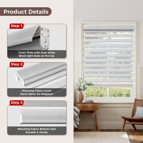 Allesin zen No Drill No Tools Cordless Zebra Blinds, Renter Friendly, Dual Layer Shades for Indoor Windows, Easy to Install Thermal Insulated Privacy Blinds, White, 34" W x 72" H in Saudi Arabia