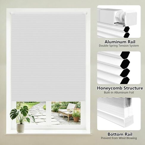 Shade&Beyond No Drill No Tools 22" W X 36" H Cellular Shades for Indoor Windows, Thermal Insulating & Noise Reducing Honeycomb Blinds, Cordless Free Stop Blinds Blackout, White(Custom Size) in Saudi Arabia