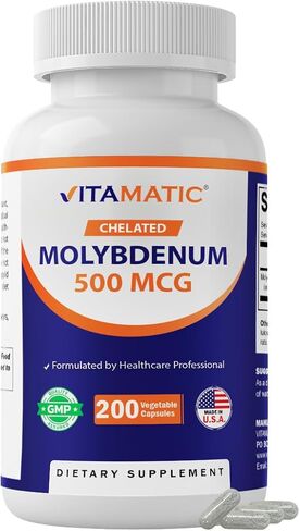 Vitamatic Chelated Molybdenum 500 mcg (as Molybdenum Glycinate Chelate) – 200 Vegetable Capsules – Trace Mineral Supplement – High Absorption – Non-GMO, Gluten Free – Made in USA in Saudi Arabia