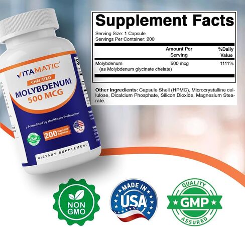 Vitamatic Chelated Molybdenum 500 mcg (as Molybdenum Glycinate Chelate) – 200 Vegetable Capsules – Trace Mineral Supplement – High Absorption – Non-GMO, Gluten Free – Made in USA in Saudi Arabia