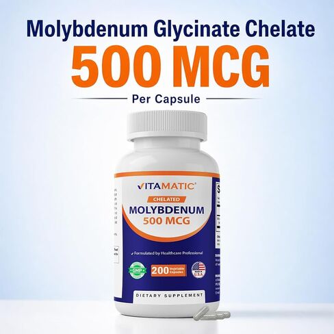 Vitamatic Chelated Molybdenum 500 mcg (as Molybdenum Glycinate Chelate) – 200 Vegetable Capsules – Trace Mineral Supplement – High Absorption – Non-GMO, Gluten Free – Made in USA in Saudi Arabia