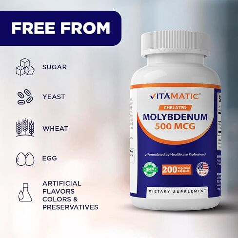 Vitamatic Chelated Molybdenum 500 mcg (as Molybdenum Glycinate Chelate) – 200 Vegetable Capsules – Trace Mineral Supplement – High Absorption – Non-GMO, Gluten Free – Made in USA in Saudi Arabia