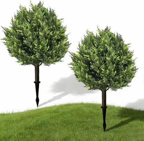 Artificial Cypress Topiary Tree with Ground Spike, Set of 2 Artificial Shrub Bushes, UV Resistant Fake Evergreen Tree Front Porch, Artificial Plants for Outdoor Planters Indoor in Kuwait