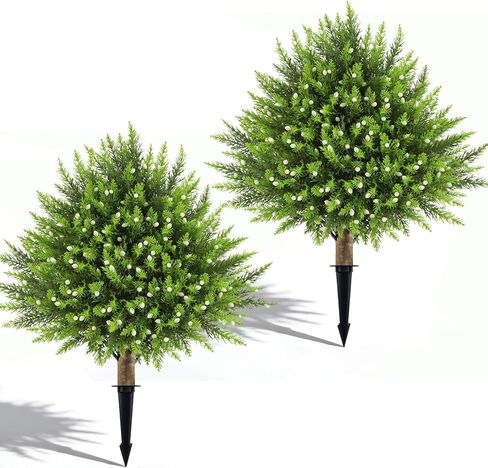 2 Set Artificial Cedar Topiary Ball Trees with Spike, 24" UV Resistant Fake Evergreen Shrubs Plants for Outdoor, Faux Cypress Bushes for Indoor Front Porch Garden in Saudi Arabia