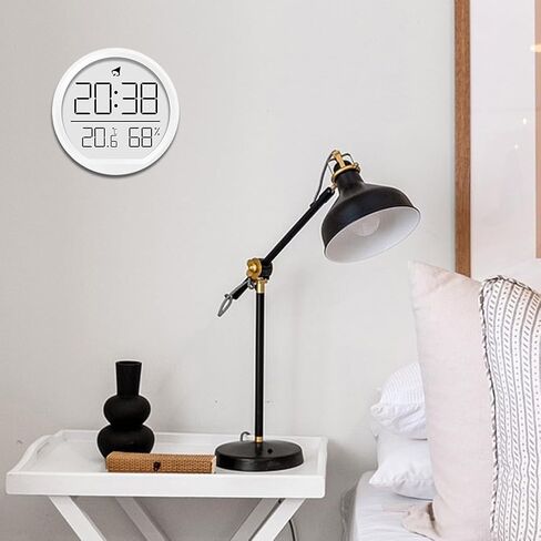 Digital Wall Clock with Temperature and Humidity Display, LED Multi-Function Desk Alarm Clock Showing Date Time, 12/24H Format, ABS Round Glass Face for Kitchen Bedroom Office Home (White)(White) in Kuwait