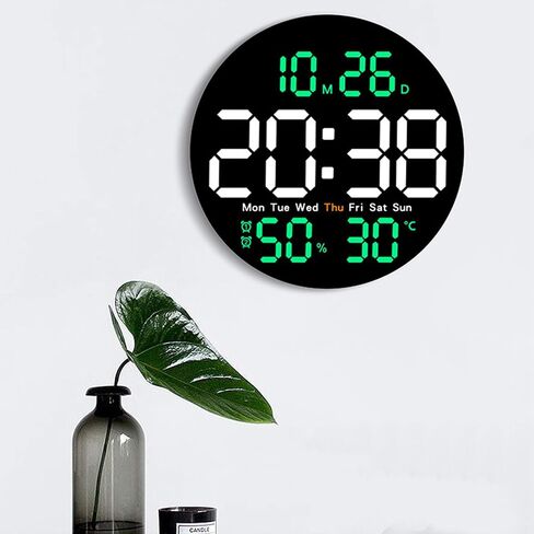LED Wall Clock with Temperature and Humidity Display with 10 Levels of Dimming and Remote Control. (Black Green) in Saudi Arabia