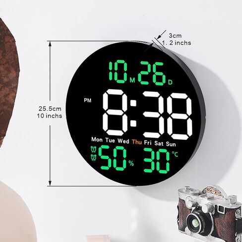 LED Wall Clock with Temperature and Humidity Display with 10 Levels of Dimming and Remote Control. (Black Green) in Saudi Arabia
