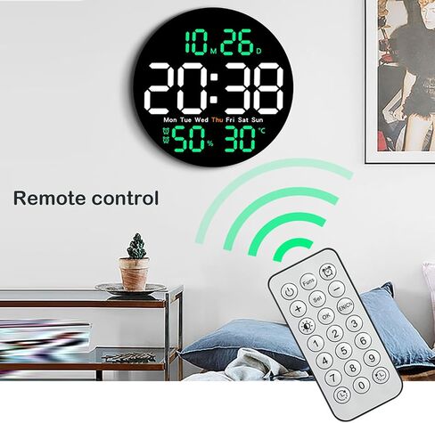 LED Wall Clock with Temperature and Humidity Display with 10 Levels of Dimming and Remote Control. (Black Green) in Saudi Arabia