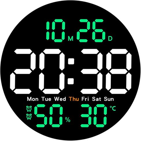 LED Wall Clock with Temperature and Humidity Display with 10 Levels of Dimming and Remote Control. (Black Green) in Saudi Arabia