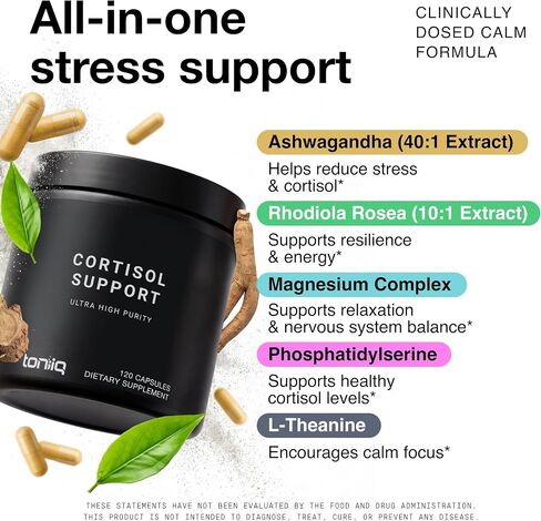 Cortisol Supplement for Women and Men — Calm, Balanced-Strength 5-in-1 Non-Drowsy, Third-Party Tested with Magnesium Glycinate, Ashwagandha, L-Theanine, Phosphatidylserine, Rhodiola — 120 Capsules in Kuwait