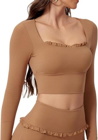 Women's Lace Square Neck Long Sleeve Tight-Fitting Blouse, with Built-in Bra Support Shirt Yoga Running Sport Top in Saudi Arabia