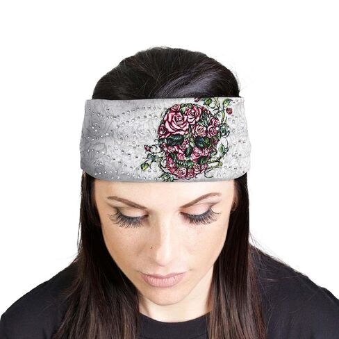 Hot Leathers | Bling Designed Wide Headbands-Headwraps for Women Biker Bandana with Rose Skull - RWC2038-Multi-Color-OSFM in Kuwait