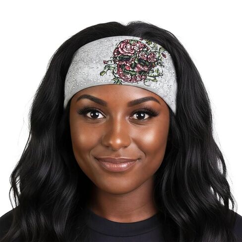 Hot Leathers | Bling Designed Wide Headbands-Headwraps for Women Biker Bandana with Rose Skull - RWC2038-Multi-Color-OSFM in Kuwait