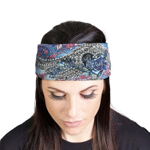 Hot Leathers | Bling Designed Wide Headbands-Headwraps for Women Biker Bandana with Rose Skull - RWC2038-Multi-Color-OSFM in Kuwait