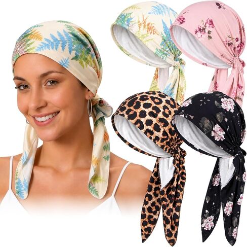 4 Pcs Floral Head Scarf for Women – Soft Cotton Chemo Headwear, Pre Tied Turbans & Head Wraps for Women with Hair Loss in Saudi Arabia