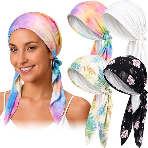 4 Pcs Floral Head Scarf for Women – Soft Cotton Chemo Headwear, Pre Tied Turbans & Head Wraps for Women with Hair Loss in Saudi Arabia