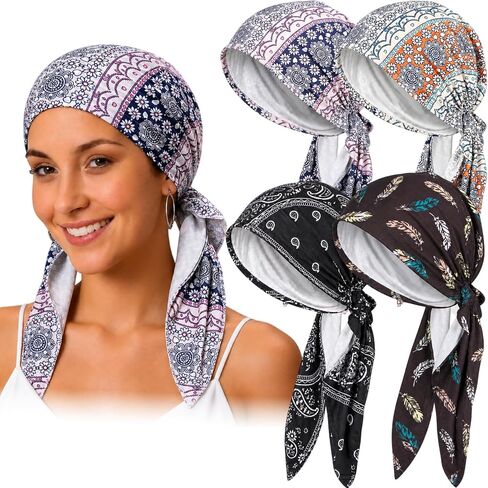 4 Pcs Floral Head Scarf for Women – Soft Cotton Chemo Headwear, Pre Tied Turbans & Head Wraps for Women with Hair Loss in Saudi Arabia