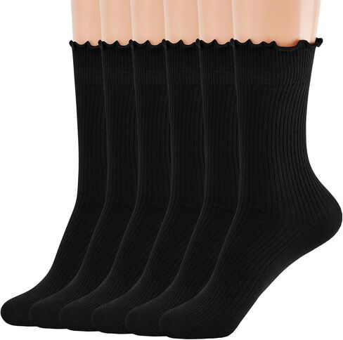 MORECOO 6 Pairs Socks for Women, Cute Ruffle Frilly Ankle Socks, Cotton Lace Crew Socks for Mary Jane Shoes, 6 Pack in Saudi Arabia