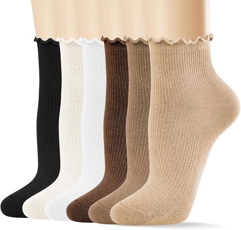 MORECOO 6 Pairs Socks for Women, Cute Ruffle Frilly Ankle Socks, Cotton Lace Crew Socks for Mary Jane Shoes, 6 Pack in Saudi Arabia