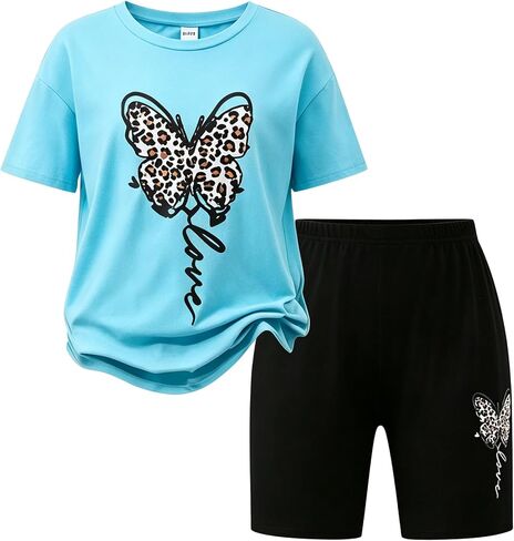 Tween Girls Summer Clothes Set Trendy Short Sleeve Butterfly Print Top + Shorts 2 Piece Outfits, Size 9-16 Years in Saudi Arabia