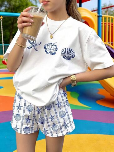 Girls 2-Piece Summer Outfits, Blue Sea Star and Shell Print White Tee and Shorts Set for Teens Girl 13-16 Years in Kuwait